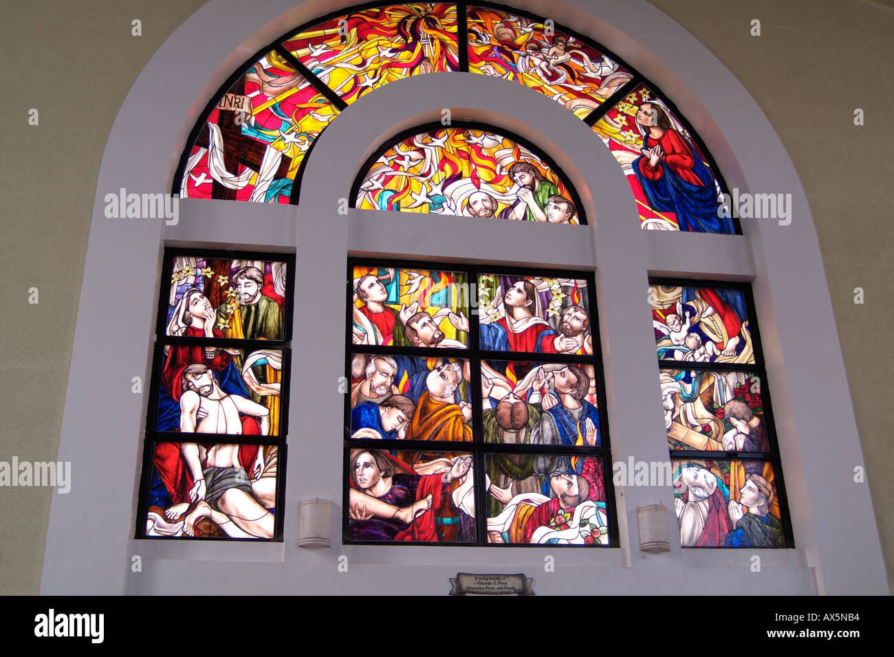 Pope John Paul visited this Cathedral of Dulce Maria Church stained glass in Hagatna Guam USA Stock Photo