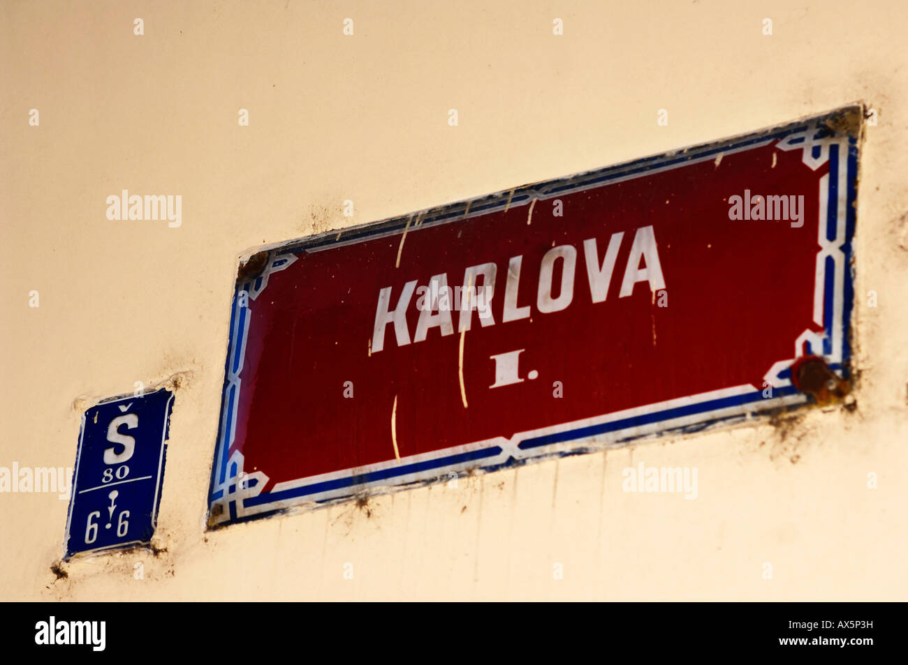Sign marking Karlova Street in the historic centre of Prague, Czech Republic, Europe Stock Photo