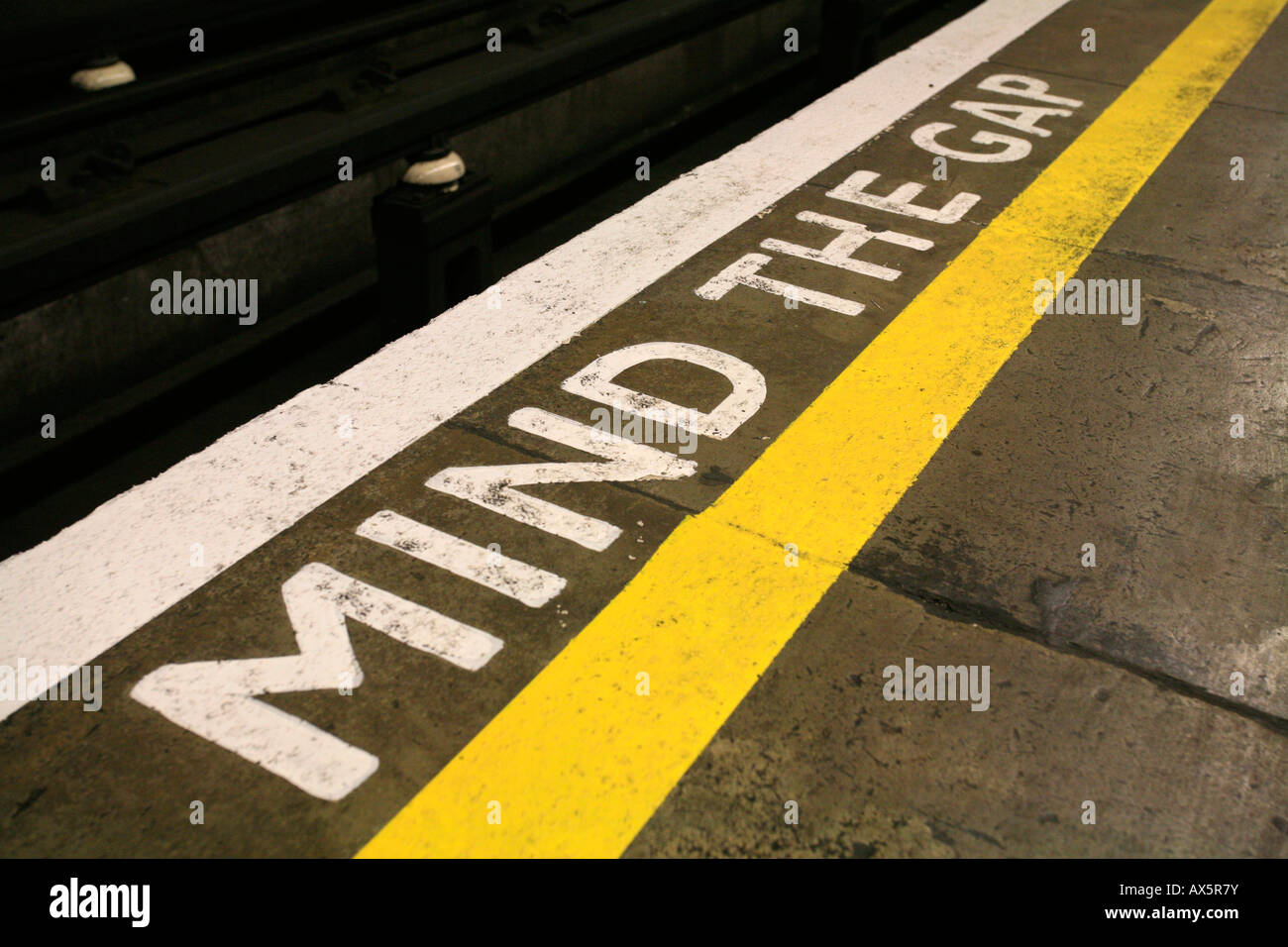 Mind the Gap - safety reminder at South Wimbledon underground station, London, England, UK, Europe Stock Photo