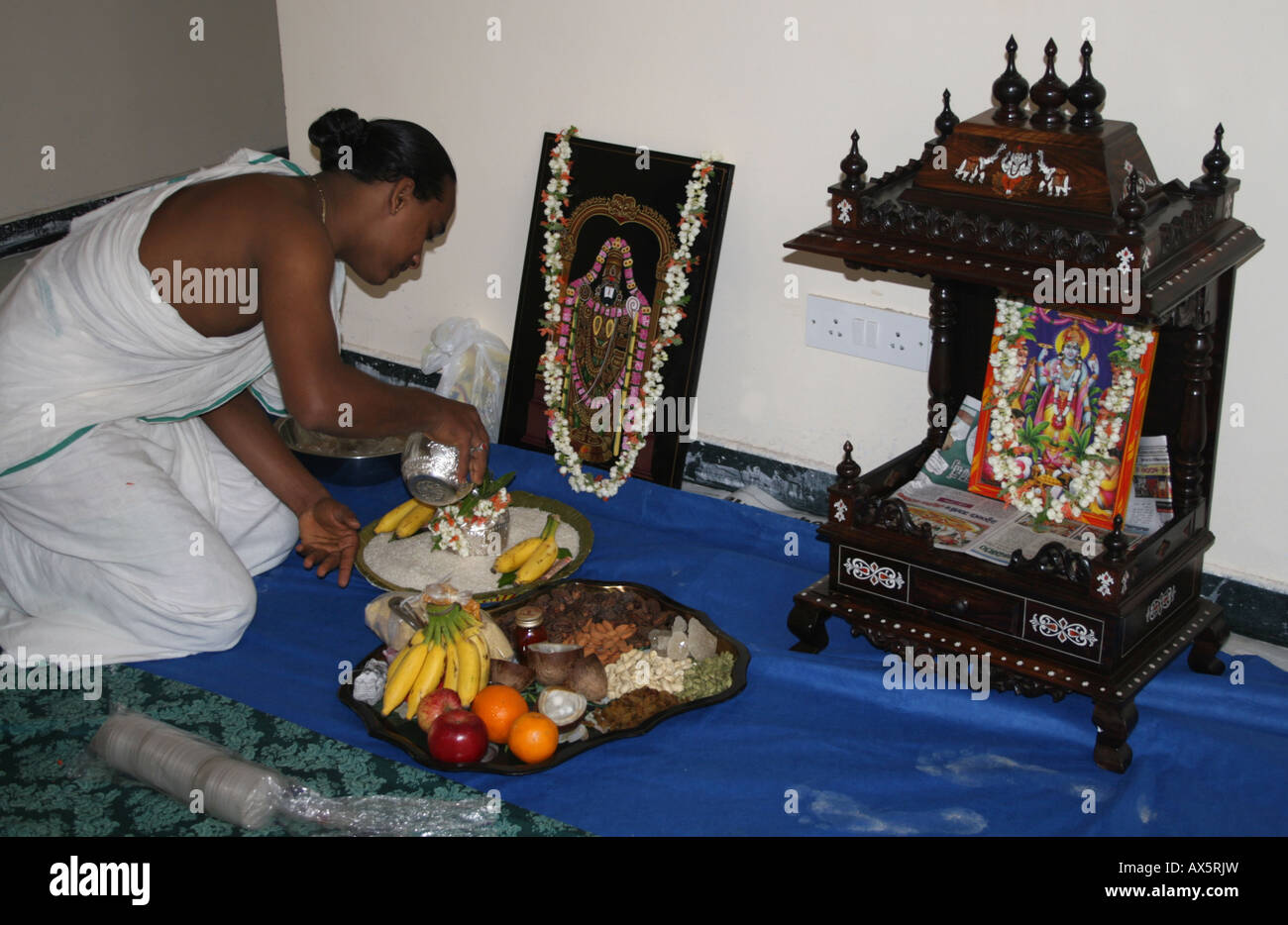 Hindu Priest prepares Vaastu Pooja in a new home in India Stock Photo