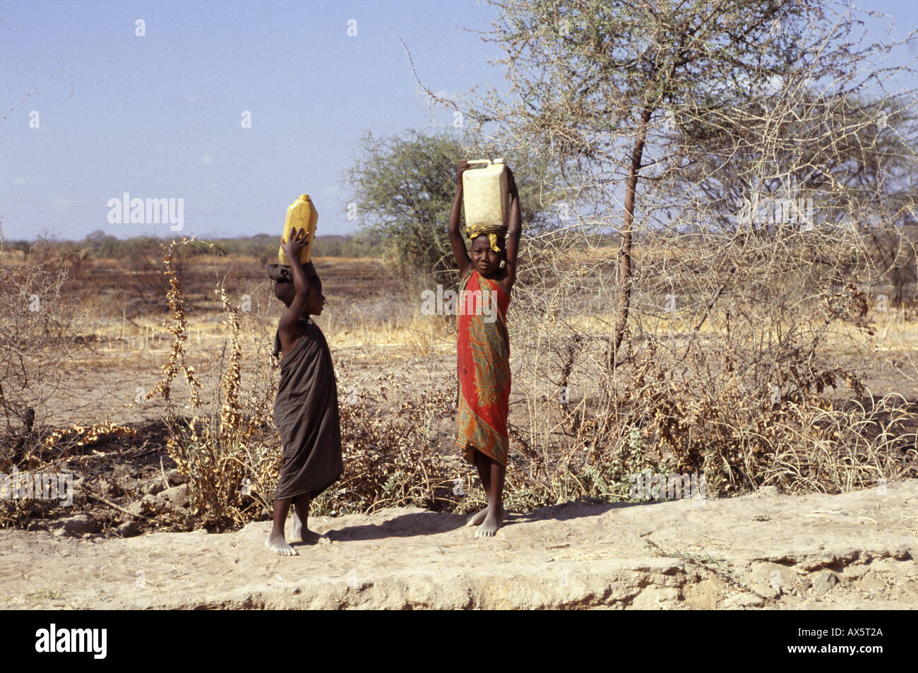 Near Dodoma, Tanzania. Young girls carrying water on their heads in dry arid savannah grassland. Stock Photo