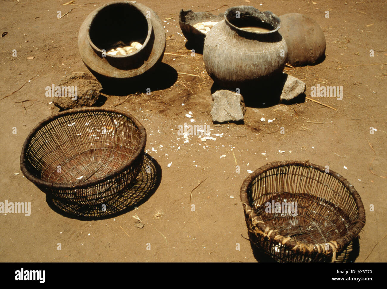 Mahale, Tanzania, Africa. Local made pots and baskets used in extracting poisons from cassava roots near Lake Tanganyka. Stock Photo