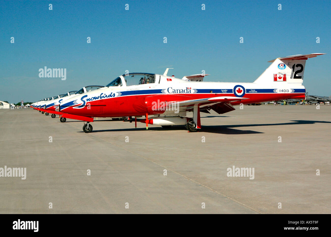 The Canadian Snowbirds Demonstration Team On The Flight Line Stock the-canadian-snowbirds-demonstration-team-on-the-flight-line-stock