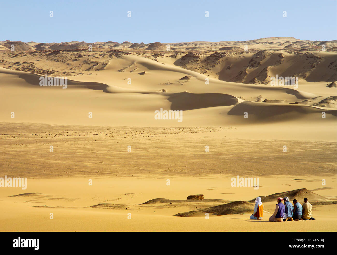 Bedouins praying at the edge of the desert in Egypt, North Africa Stock Photo