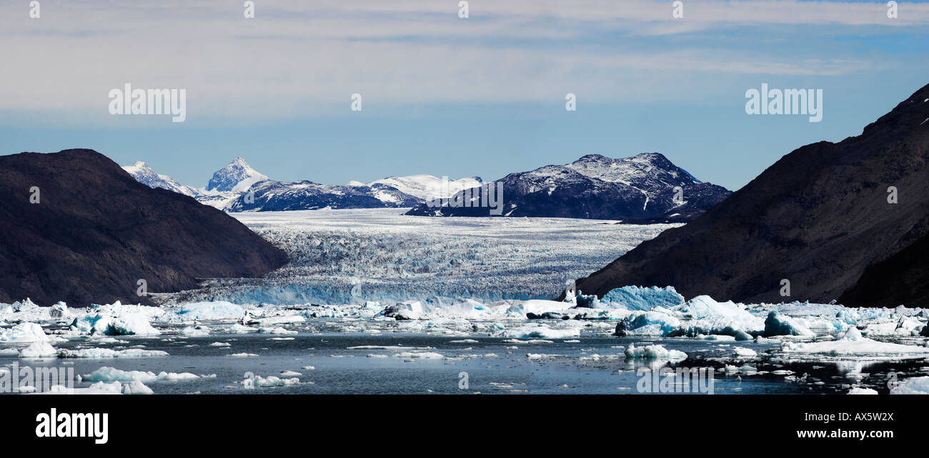 Glacier viewed from circa 7 kilometers' distance, Qooroq Fjord near Narsarsuaq, Southern Greenland, North Atlantic Stock Photo