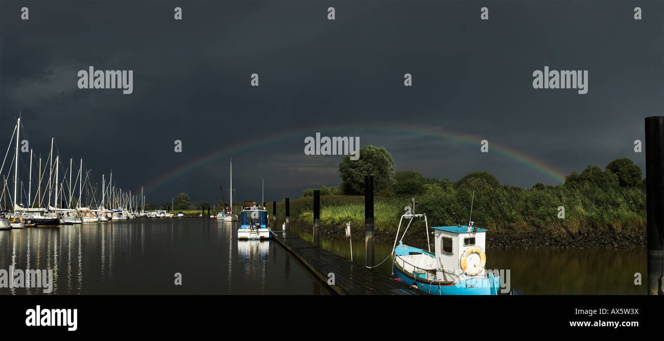 Rainbow after a thunderstorm, Ivenfleth Harbour, Schleswig-Holstein, Germany, Europe Stock Photo