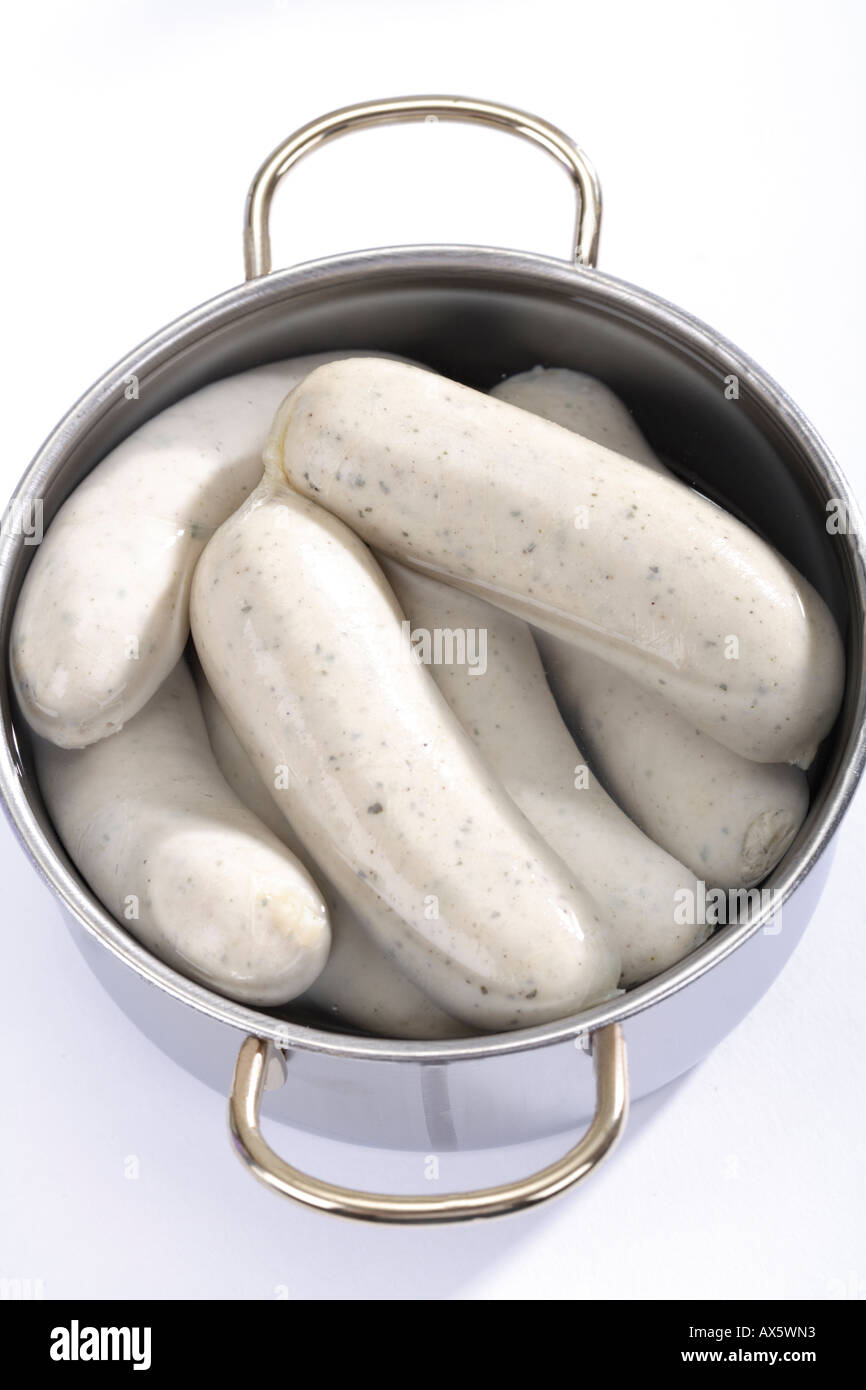 Bavarian veal sausage in pan, elevated view Stock Photo