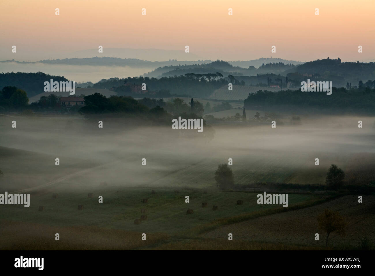Landscape with fog, Tuscany, Italy, Europe Stock Photo