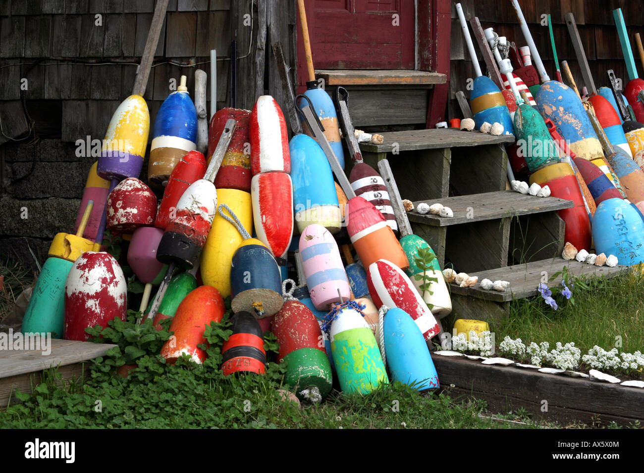 Lobster trap buoys in Rockport Massachusetts Stock Photo Alamy