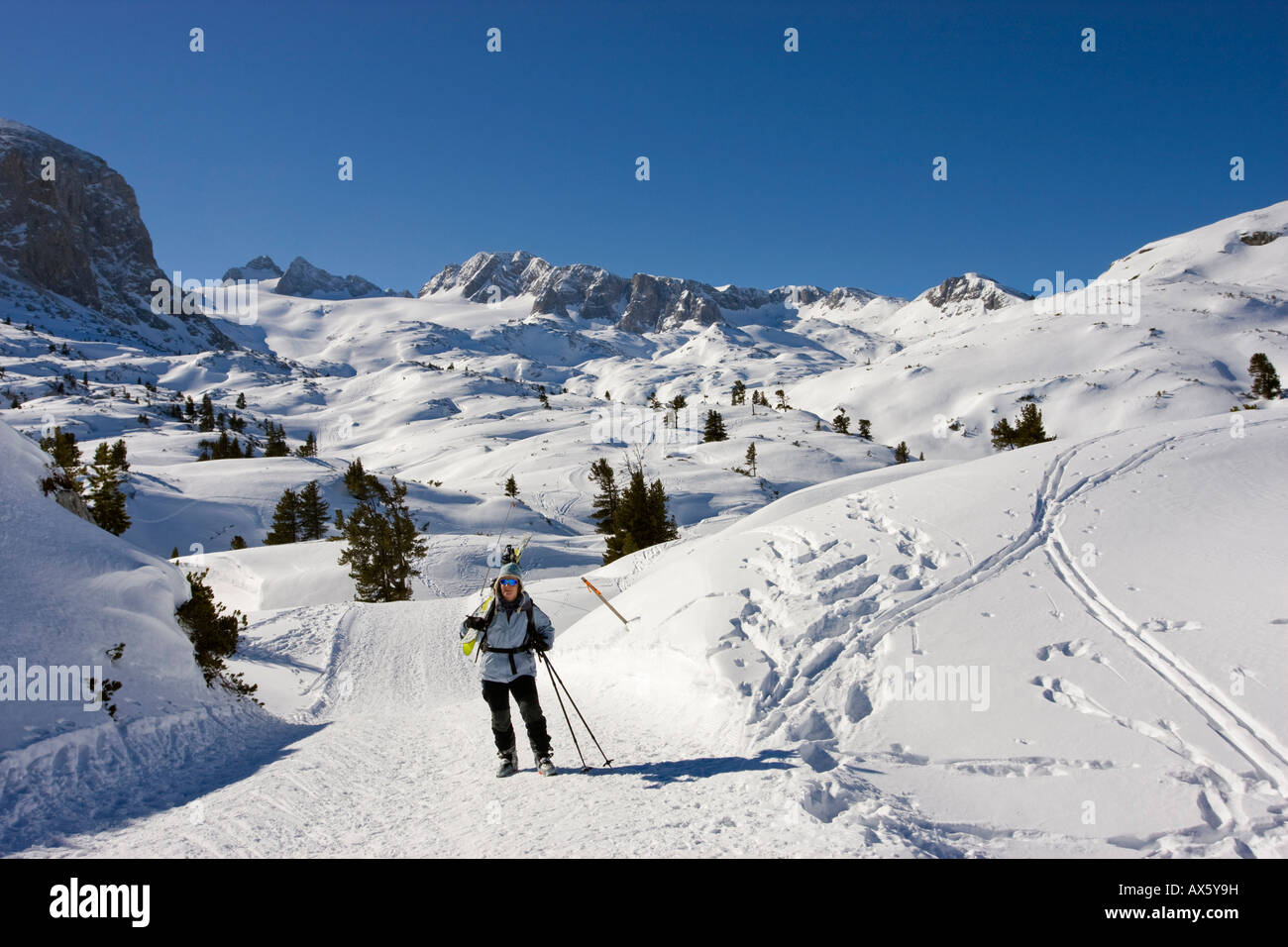 Ski touring woman carrying her skis, Mts. Hoher Dachstein, Niederer Dachstein and Schoeberl in the background, Dachstein, Styri Stock Photo