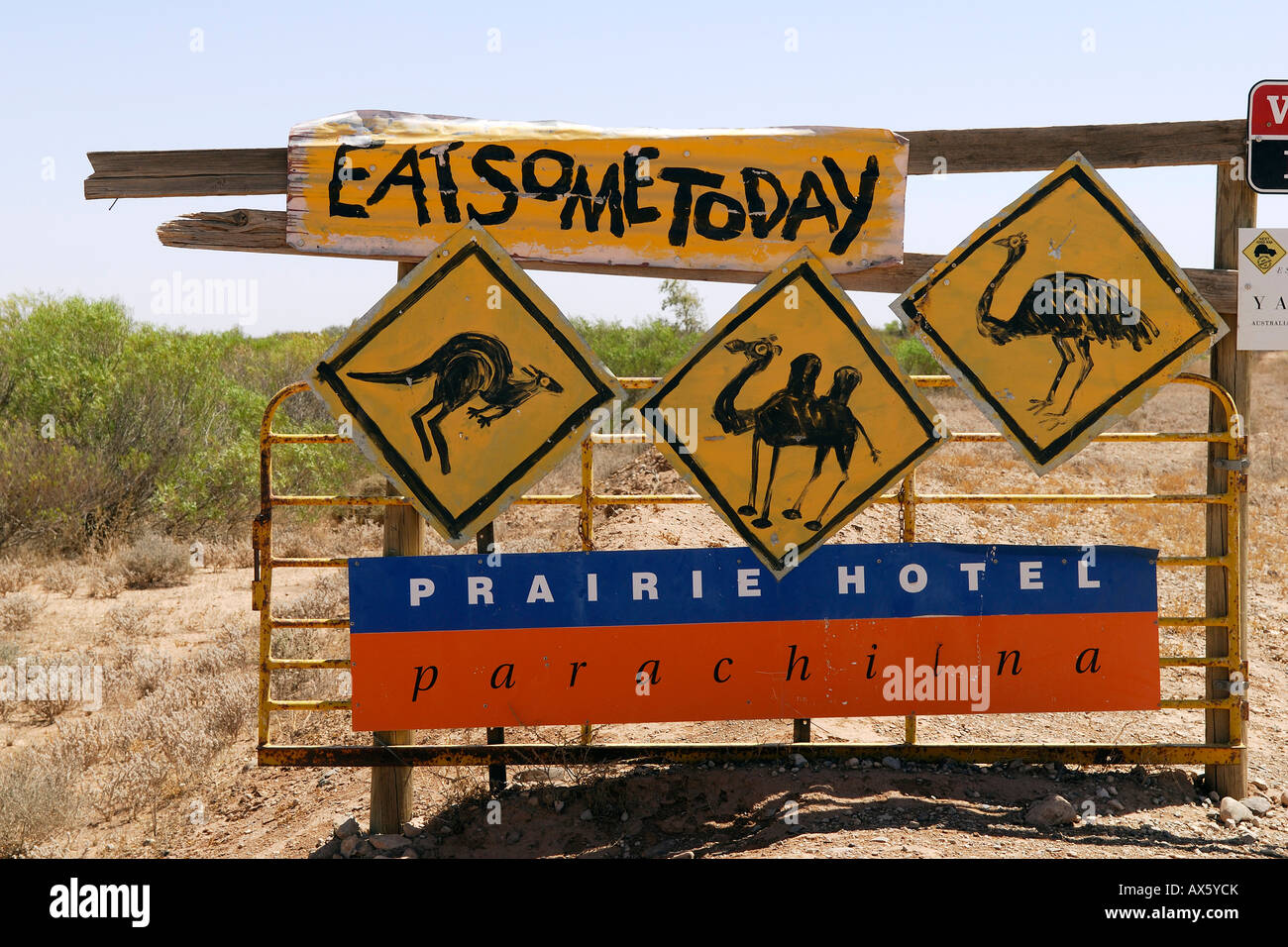 Hotel advertising in the outback, Parachilna, Flinders Ranges, South Australia, Australia Stock Photo
