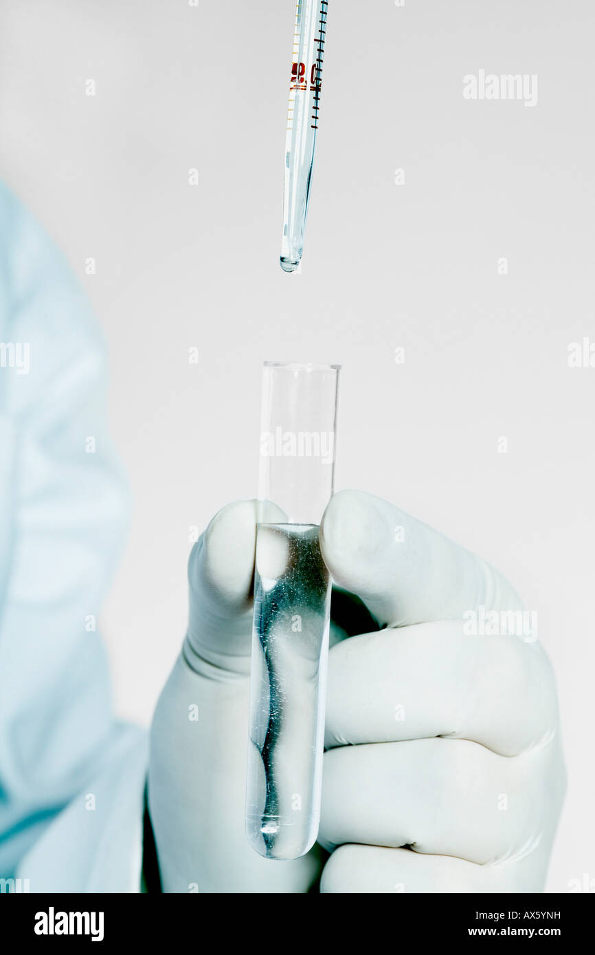 Chemist filling substance into a test tube with pipette Stock Photo