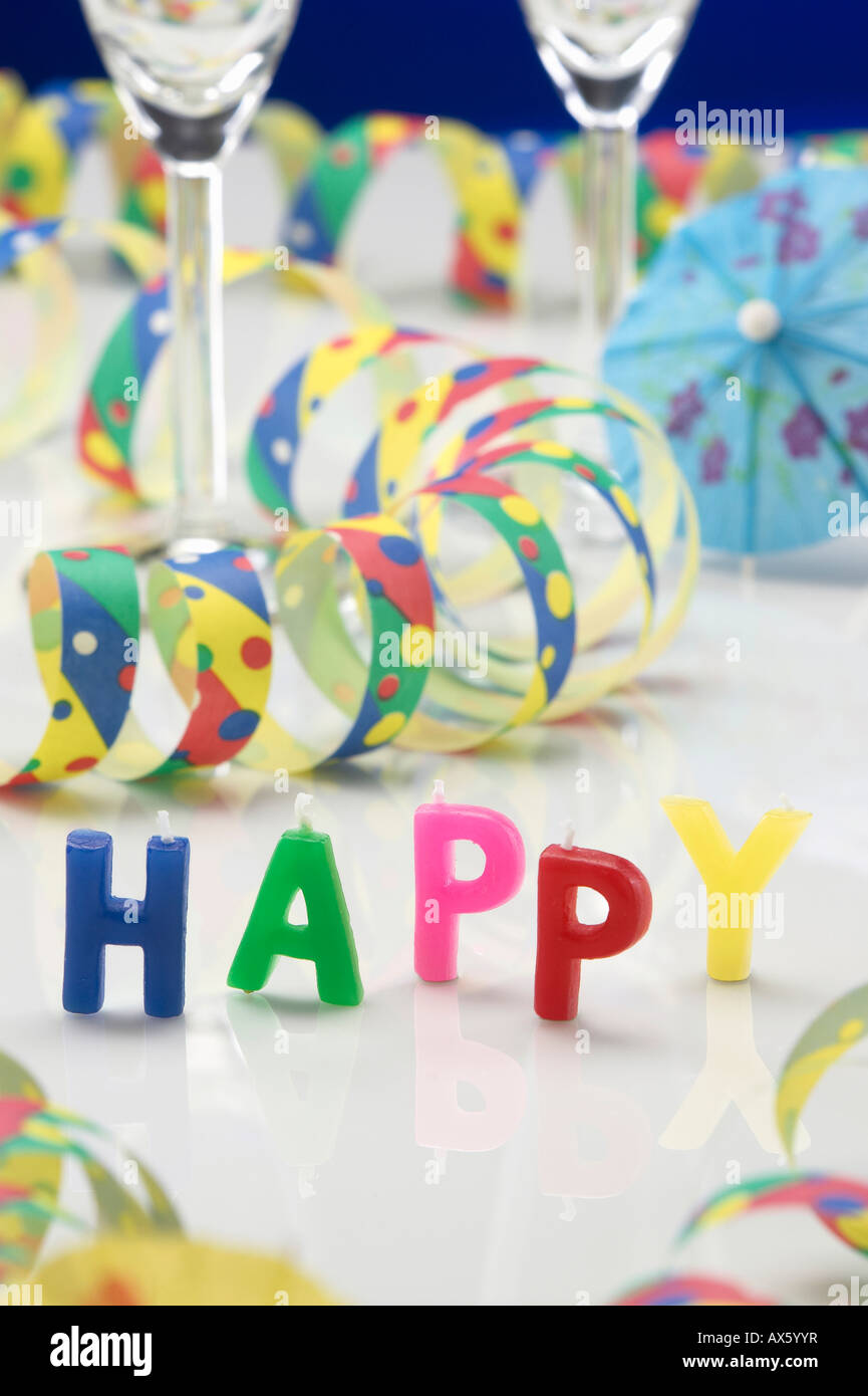 Party decorations and champagne flutes Stock Photo Alamy