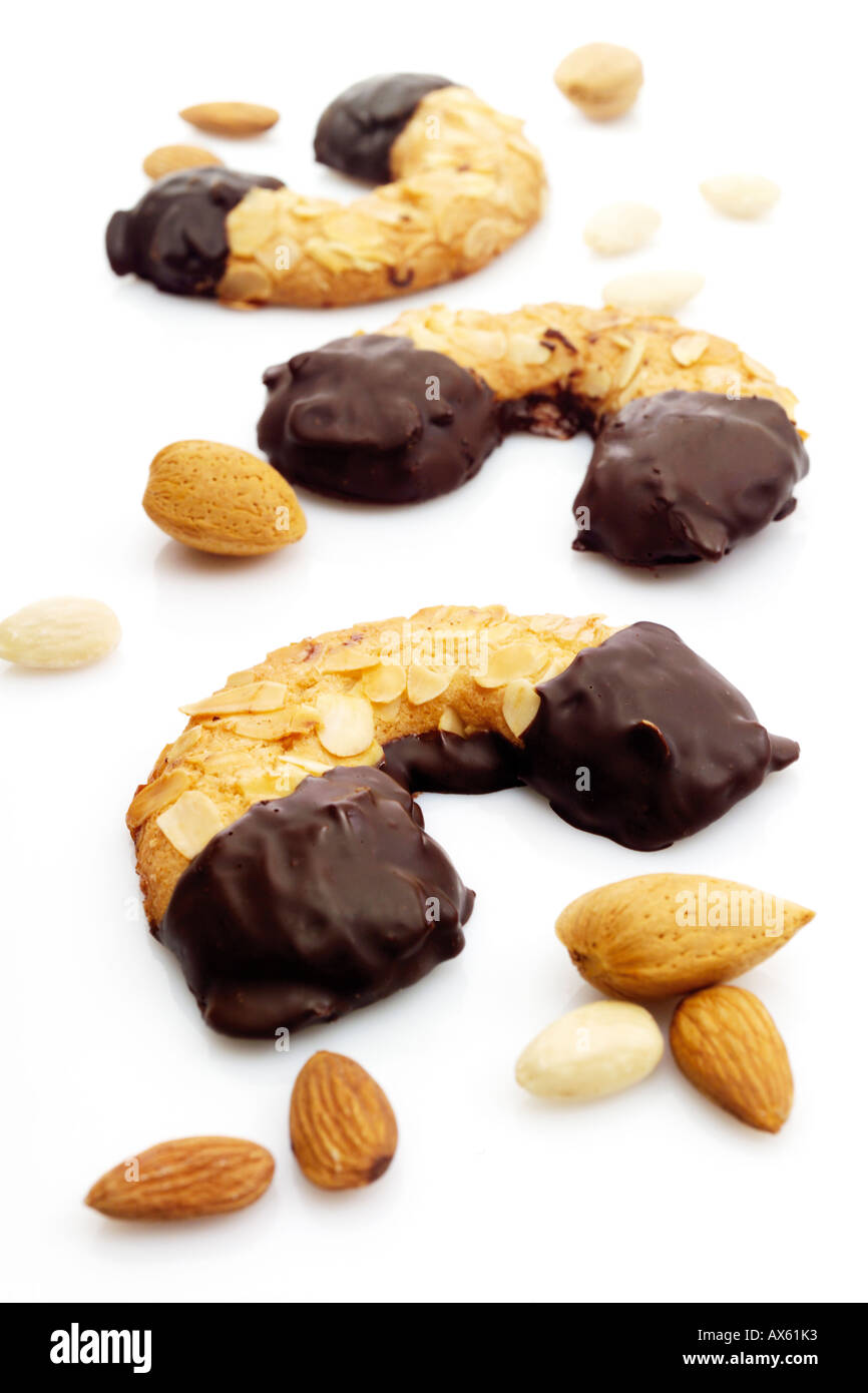 Cookies with almonds and chocolate icing Stock Photo