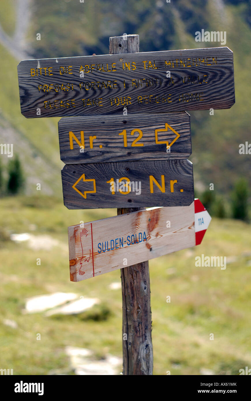 mountain path signs in the sudtirol, italian alps Stock Photo