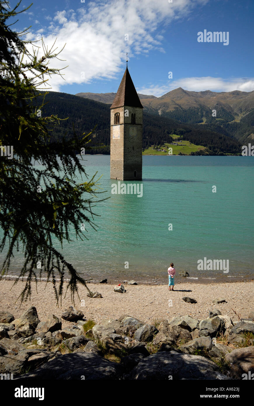 The church tower of Lago di Resia, sudtirol, italian alps Stock Photo
