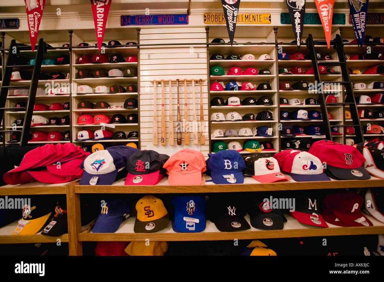 Retail shop in Cooperstown New York devoted to baseball hats bats balls and  gloves Stock Photo - Alamy