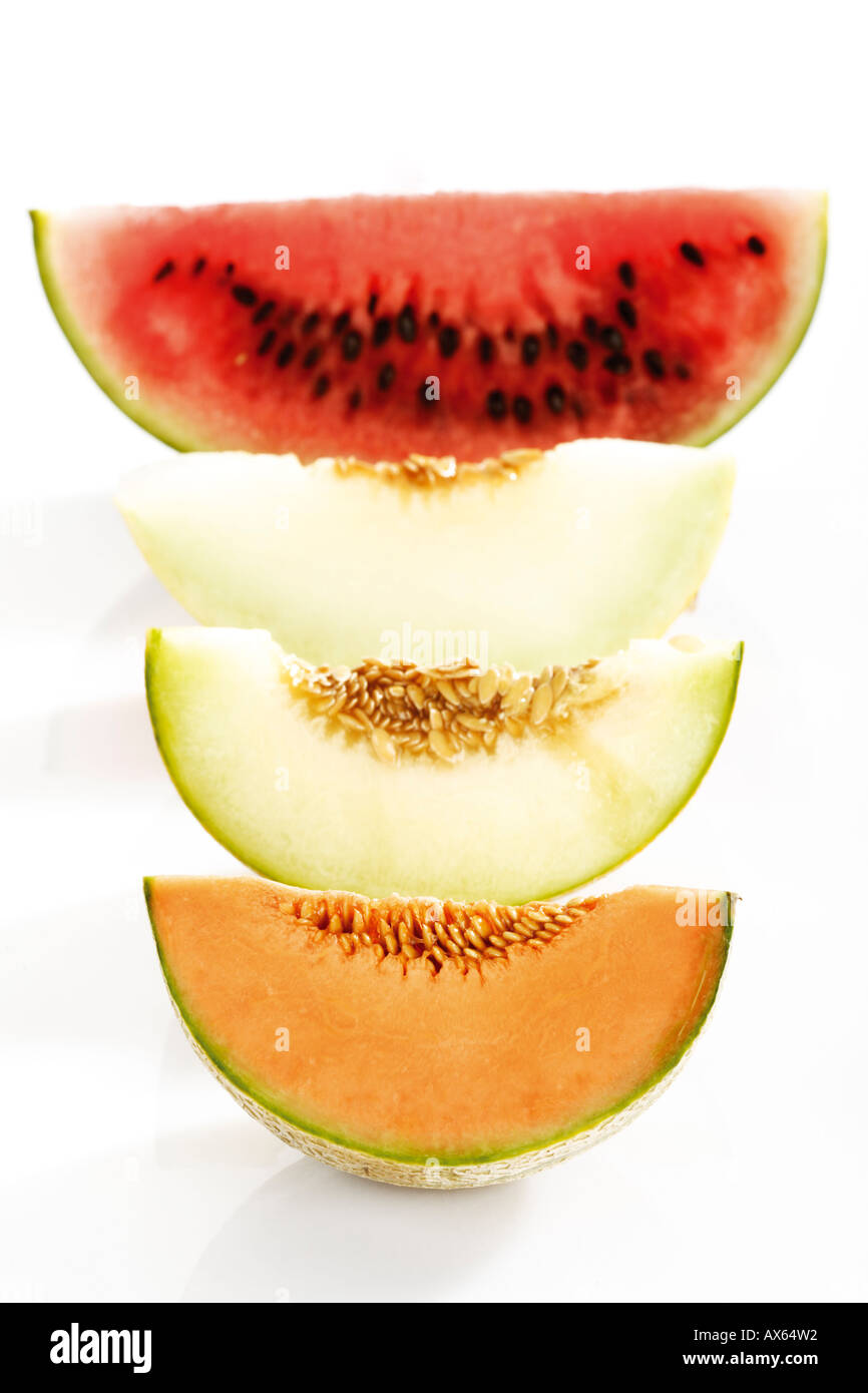 Various sliced melons, elevated view Stock Photo