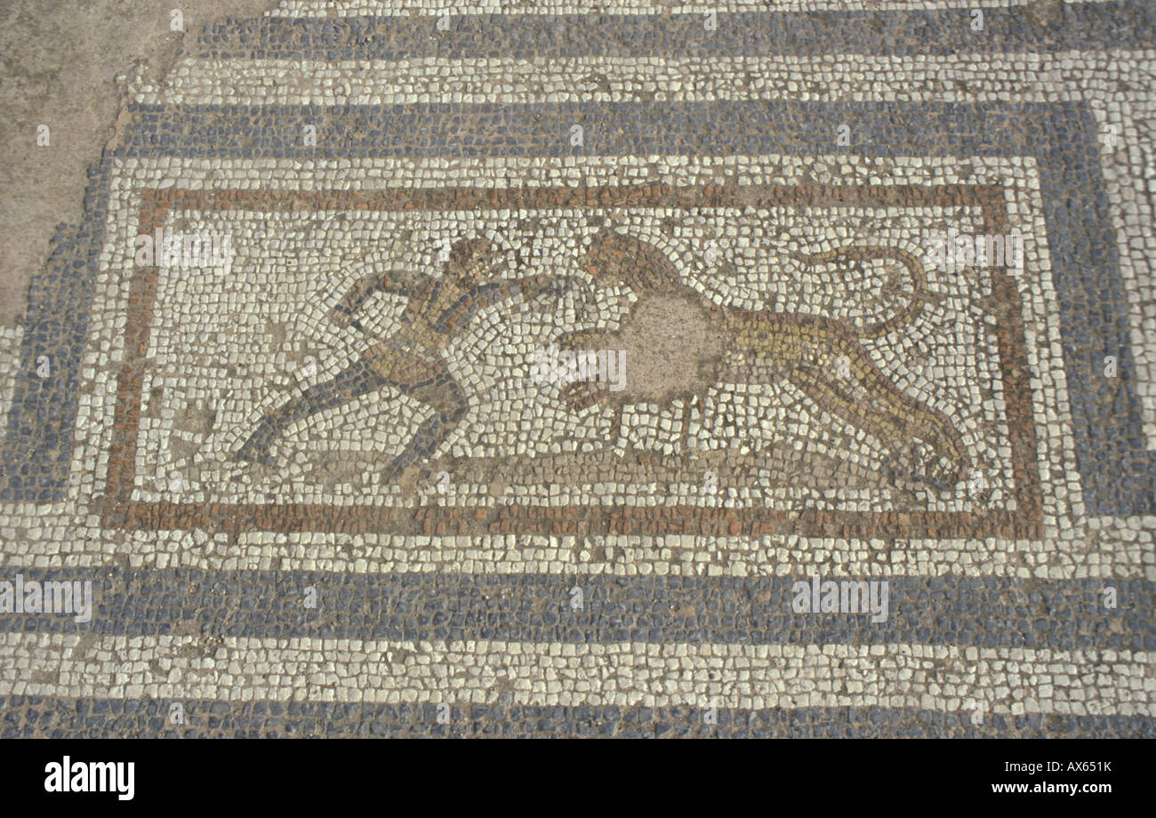 Greek mosaic soldier with lion in the fight Stock Photo