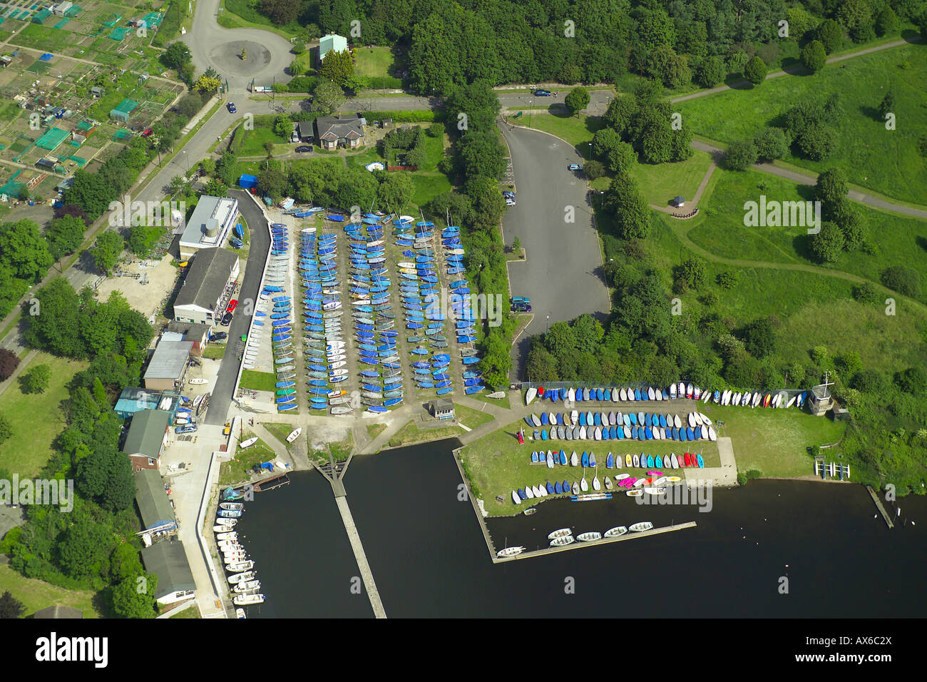 Aerial view of the Wembley Sailing Club on the Welsh Harp Reservoir in North London Stock Photo