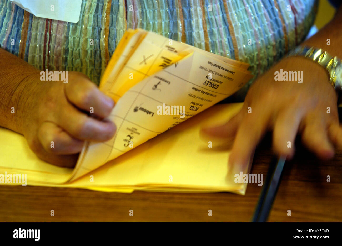 Counting of ballot papers during a political election in Britain UK Stock Photo