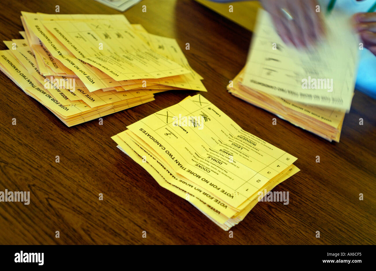 Counting of ballot papers during a political election in Britain UK Stock Photo