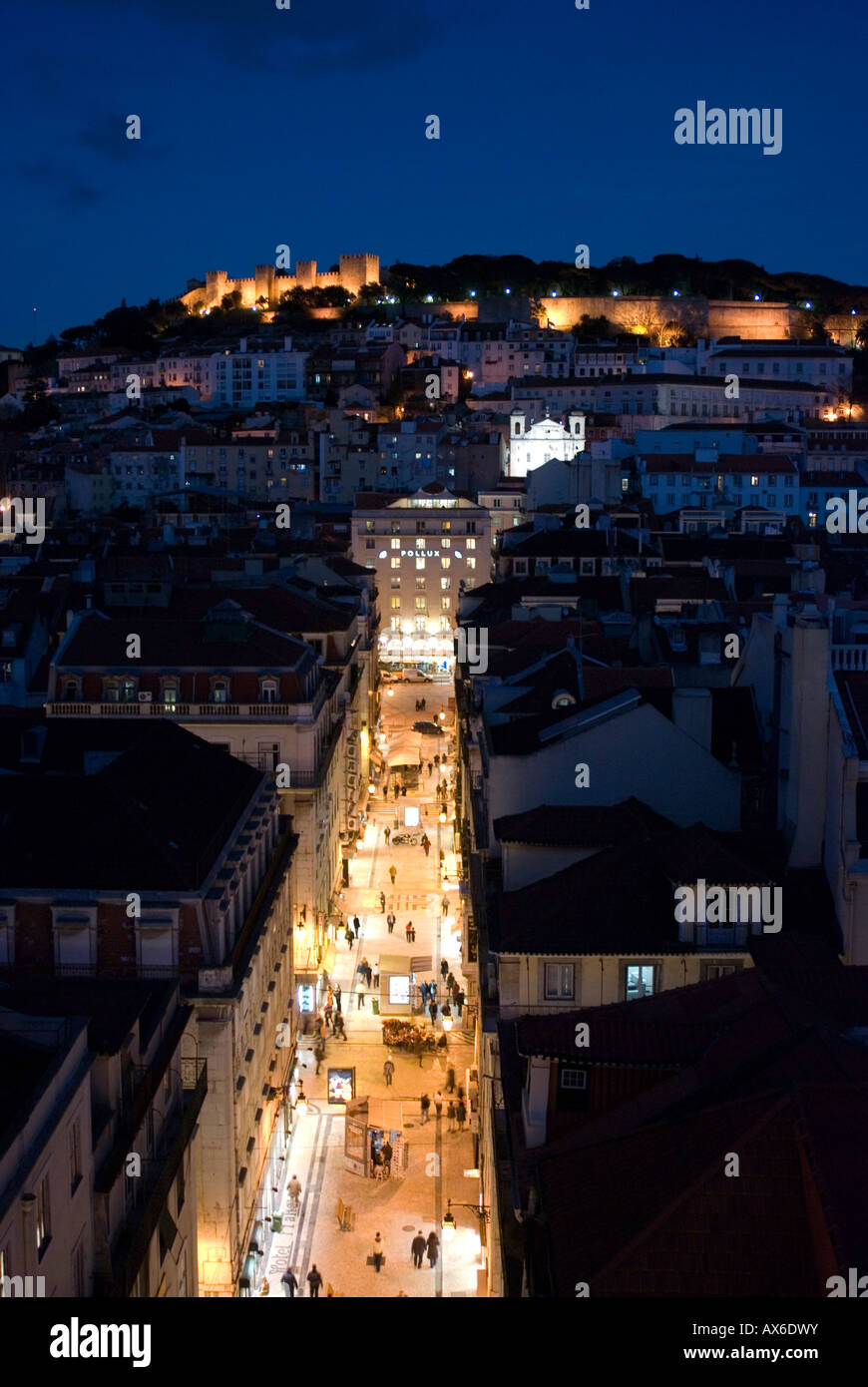 View of Lisbon castle and Baixa from Santa Justa lift Stock Photo