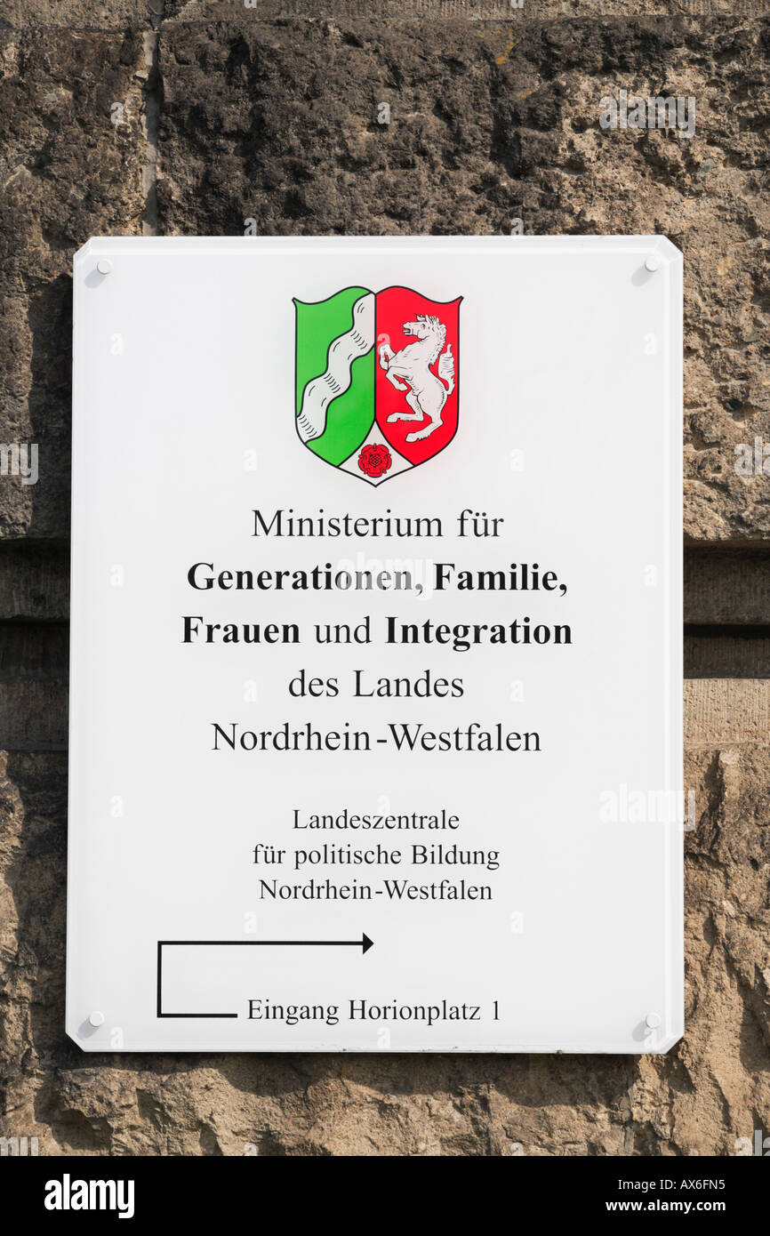 ministry for inter-generation and family affairs signboard with land coat of arms northrhine westphalia, germany, europe Stock Photo