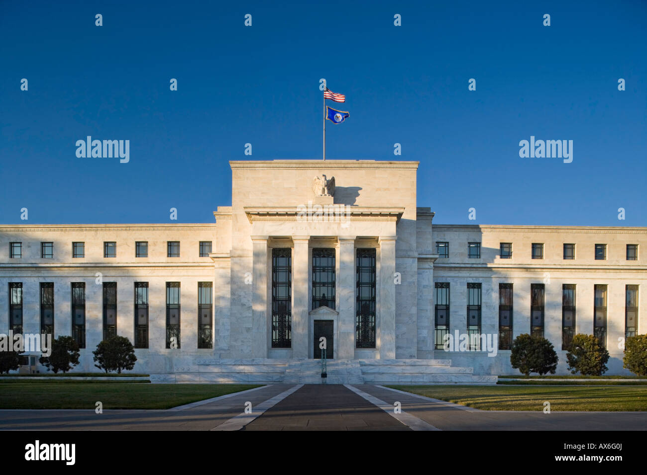 The Fed, Federal Reserve Bank, Washington DC. Main entrance on Constitution Avenue near the National Mall. Stock Photo