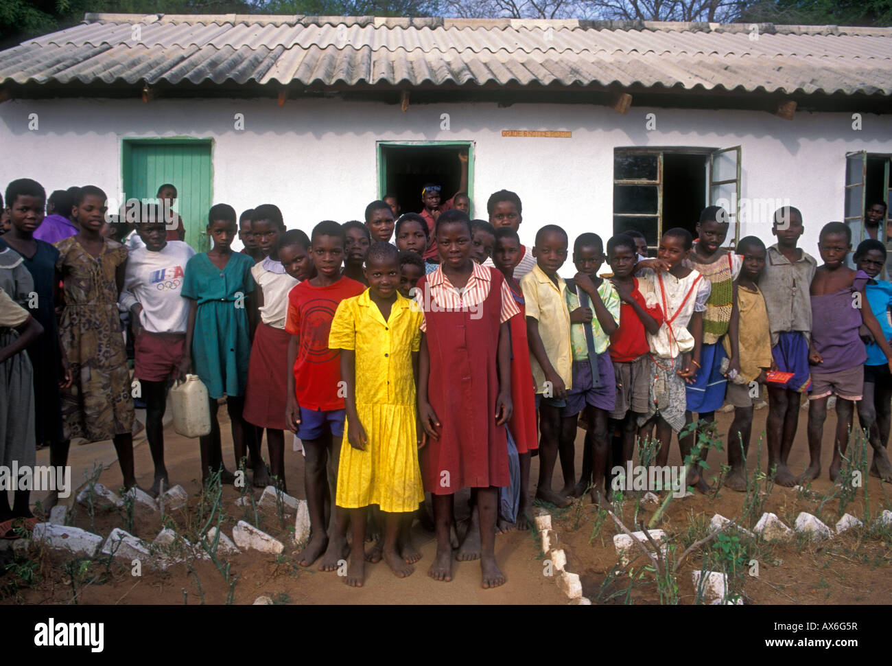 Zimbabwean boys and girls, boys, girls, children, schoolchildren, schoolboys, schoolgirls, village of Mahenye, Manicaland Province, Zimbabwe, Africa Stock Photo