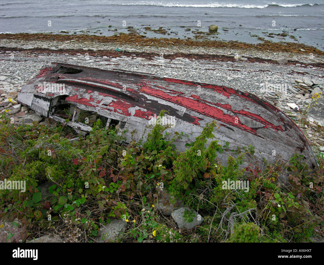 Wreckage of boat at coast, Oeland, Sweden Stock Photo