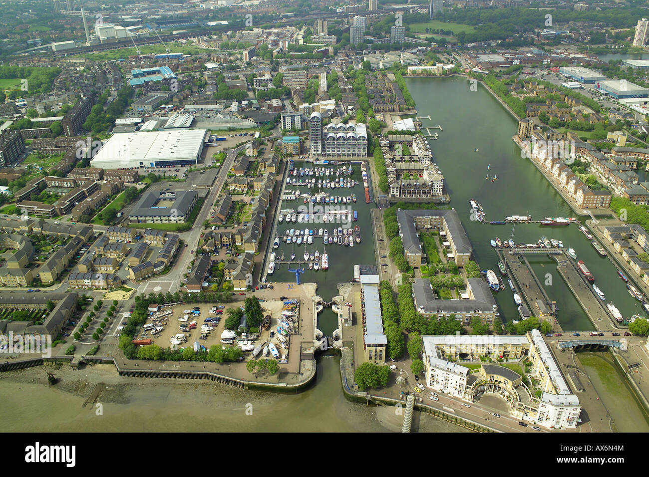 Aerial view of Rainbow Quay, South Dock and part of Greenland Dock in the Rotherhithe area of London, overlooking the Thamames Stock Photo