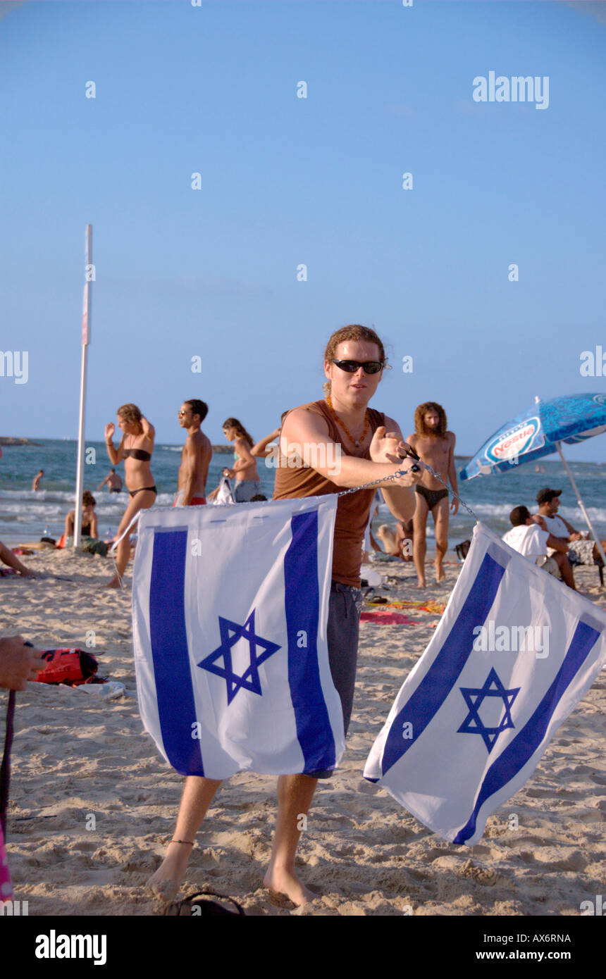 pois with the Israeli flag at drummers beach Tel Aviv Israel Stock Photo