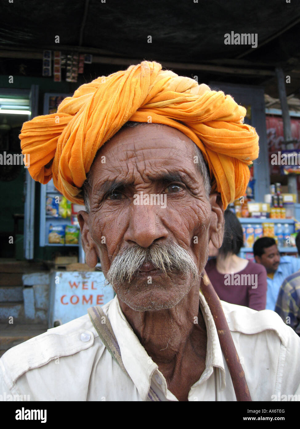 Man with orange turban Rajasthan India Stock Photo