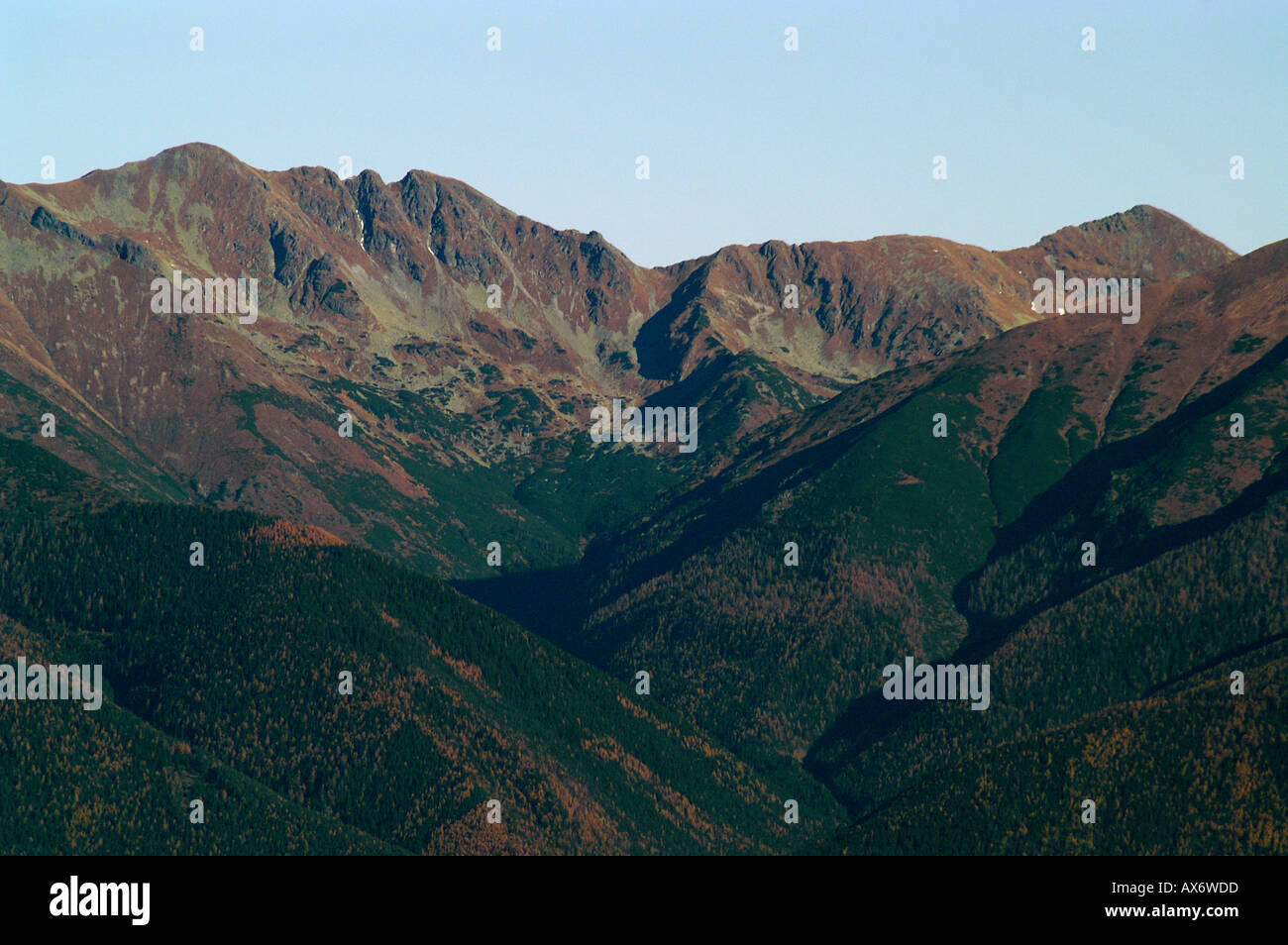 Main ridge of Zapadne Tatry mountains from  Nizke Tatry mountains, morning,   autumn, Slovakia Stock Photo