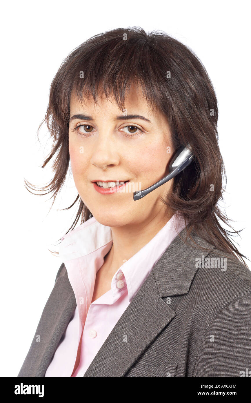 Smiling customer support girl on white background Stock Photo Alamy