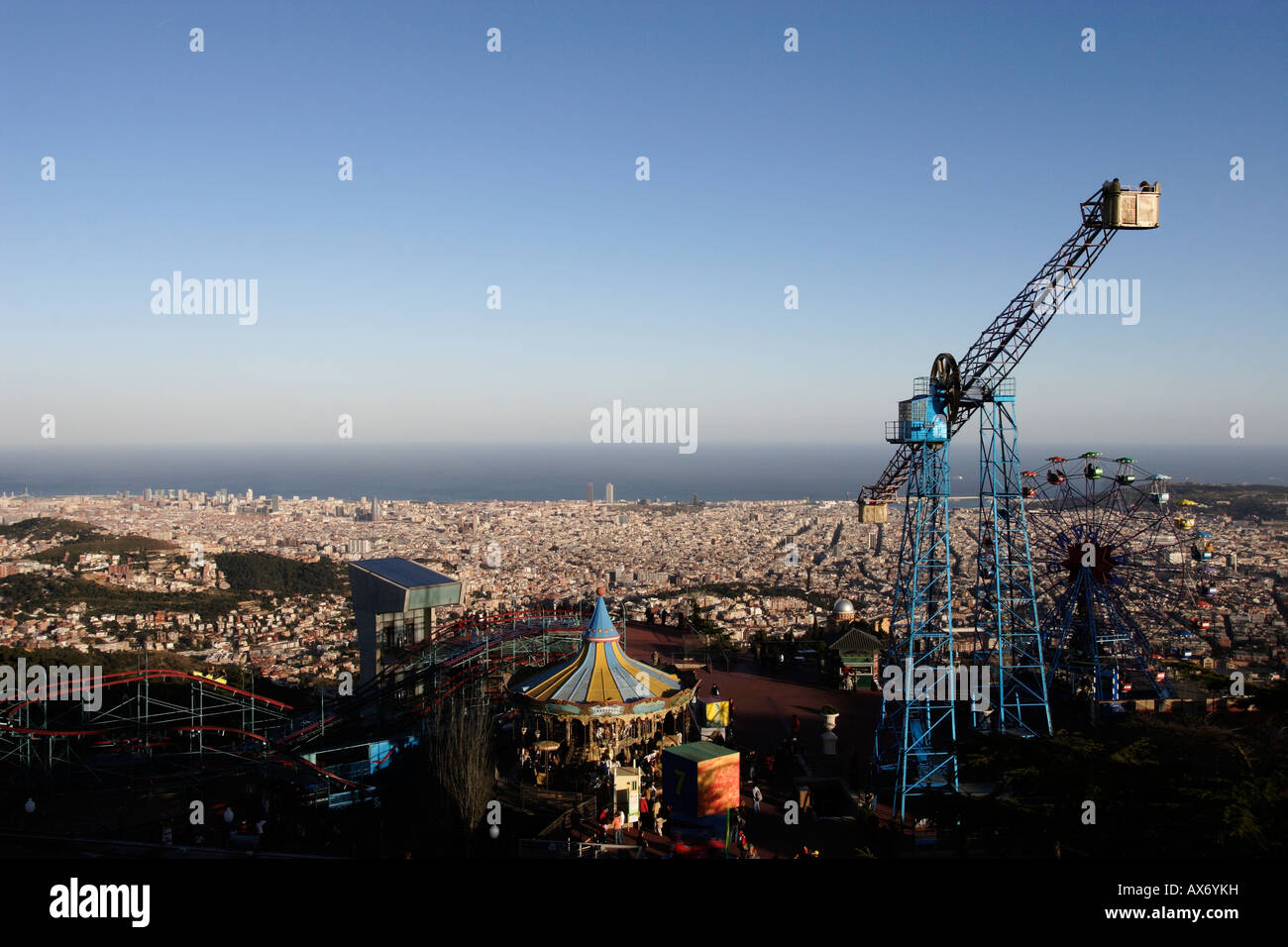 View of Barcelona and Tibidabo funfair Stock Photo