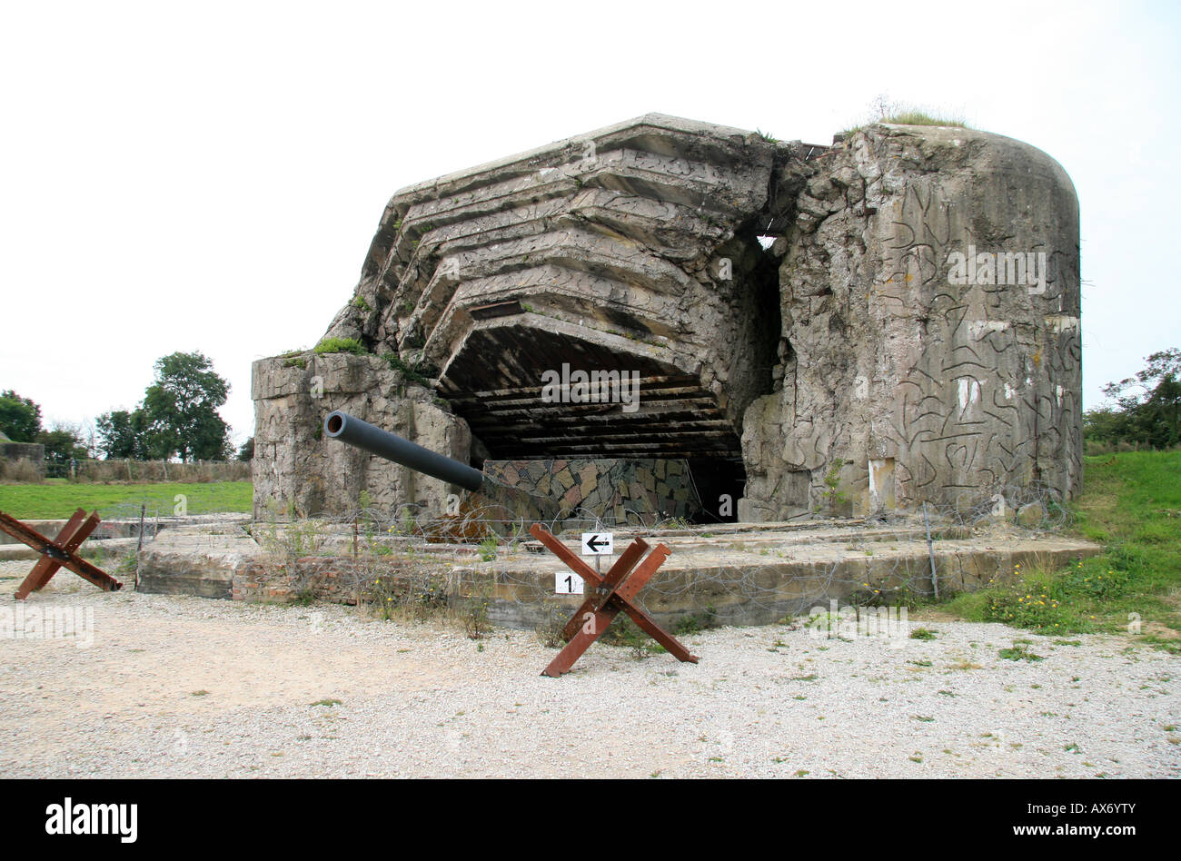 A side view of a destroyed artillary casement for a 210mm gun at the Saint-Marcouf Battery, Crisbecq, Normandy, France. Stock Photo