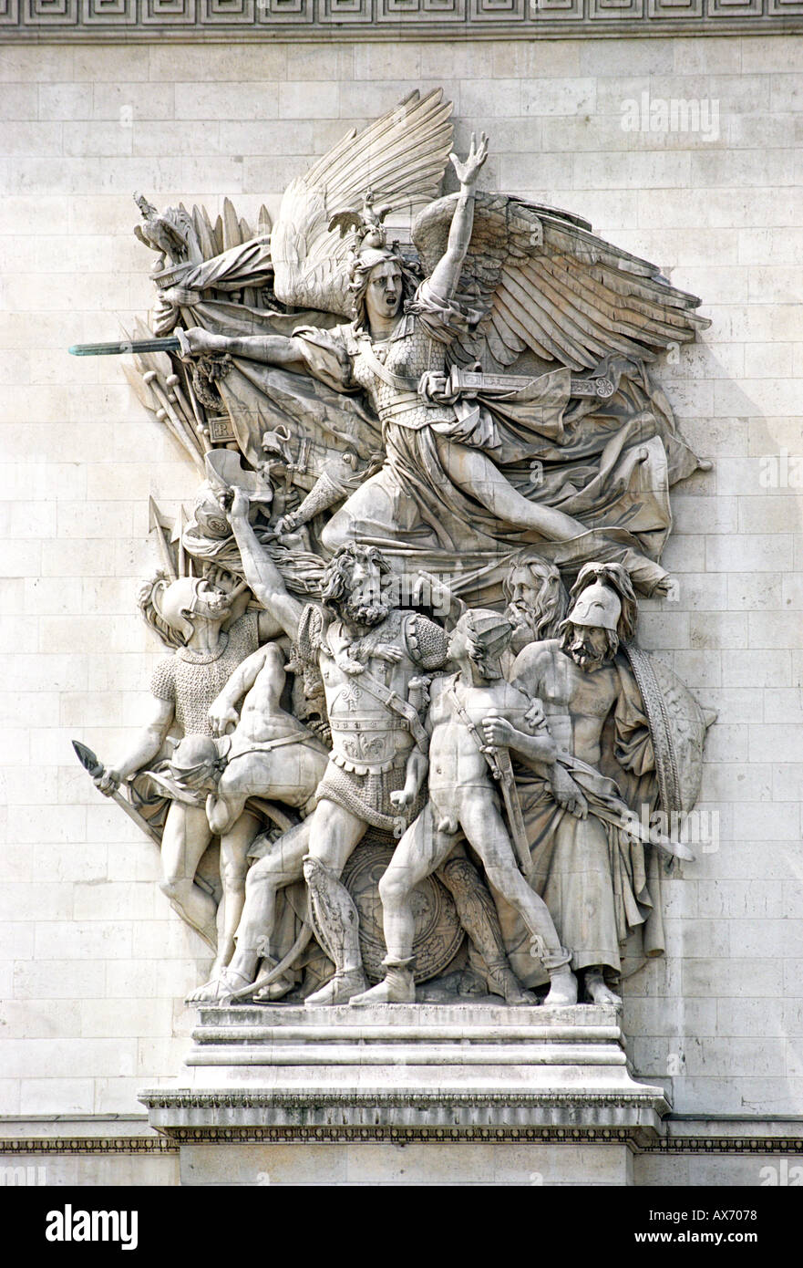 Close up of a carving on the front of The Arc de Triomphe in Paris