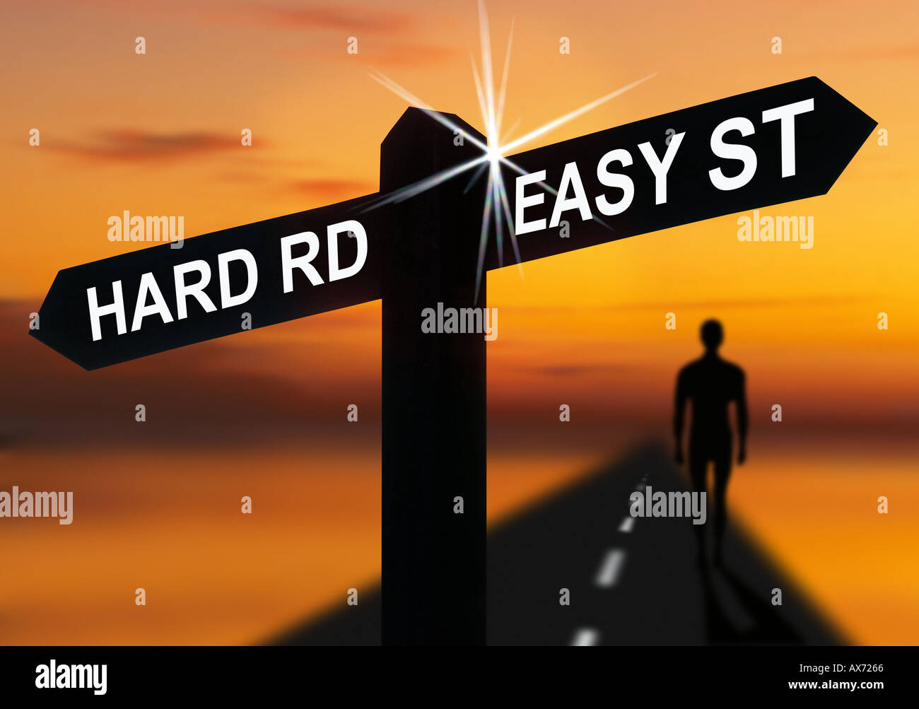 Signpost pointing in different directions to Easy Street and Hard Road with man walking forward towards horizon Stock Photo