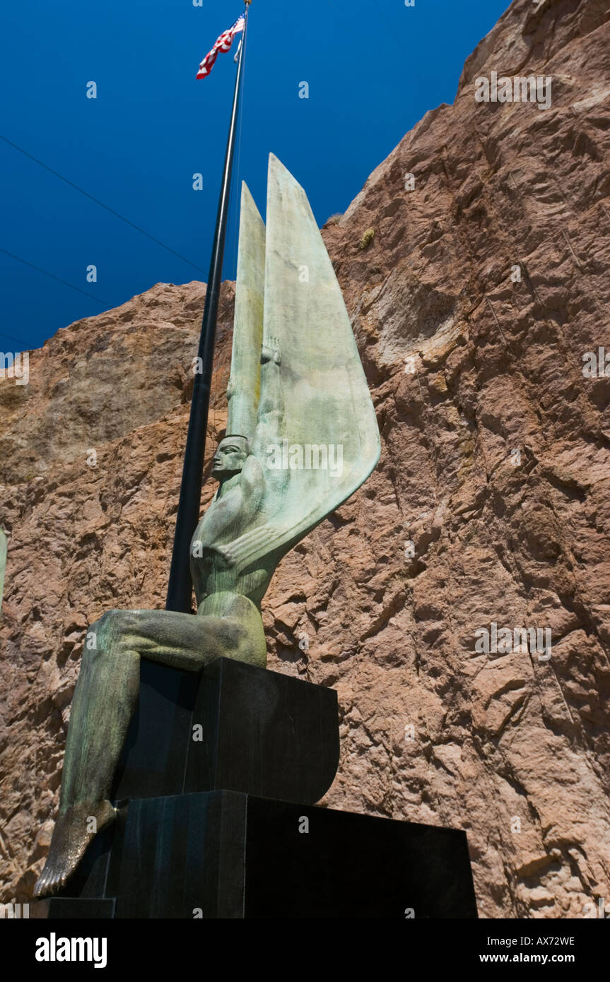 Mythological winged statue under the Stars & Stripes, the Hoover Dam