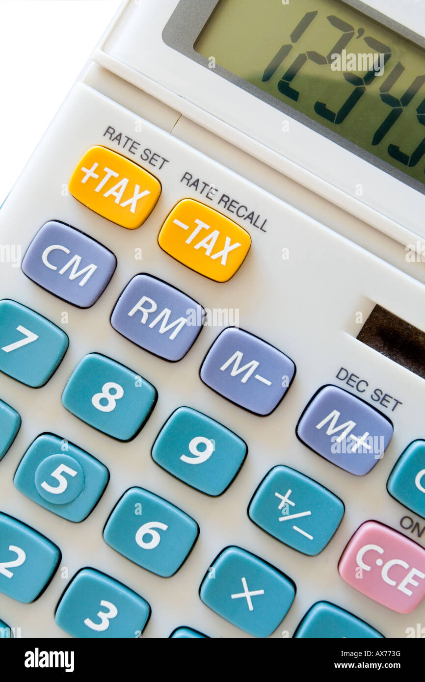 Close up view of an electronic calculator with tax functions Stock Photo