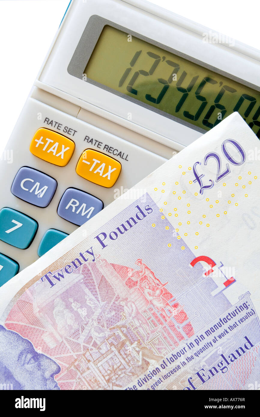 Close up view of electronic calculator with UK twenty pound note Stock Photo
