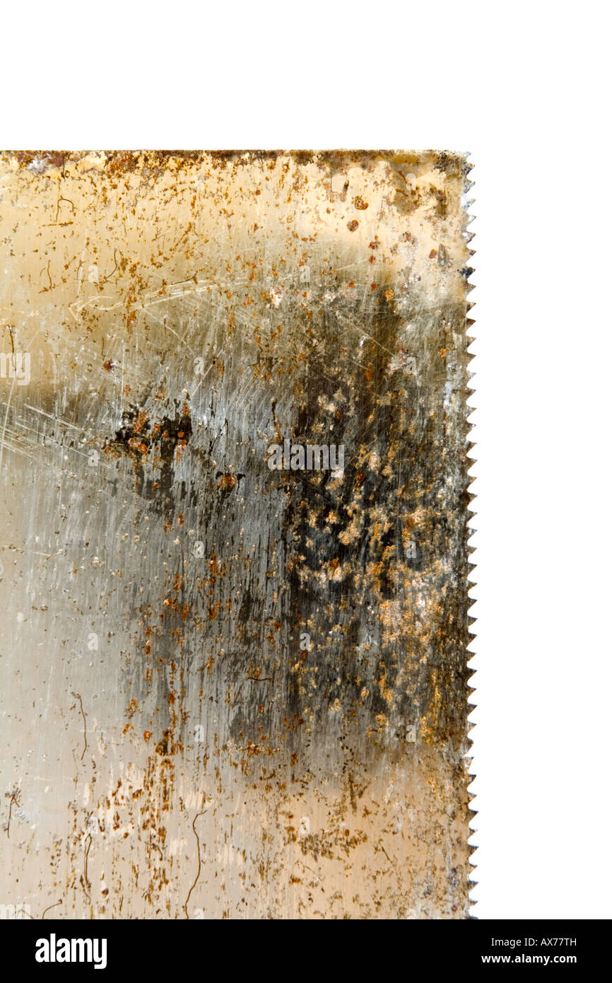 Close up view of blade and teeth of a wood saw Stock Photo