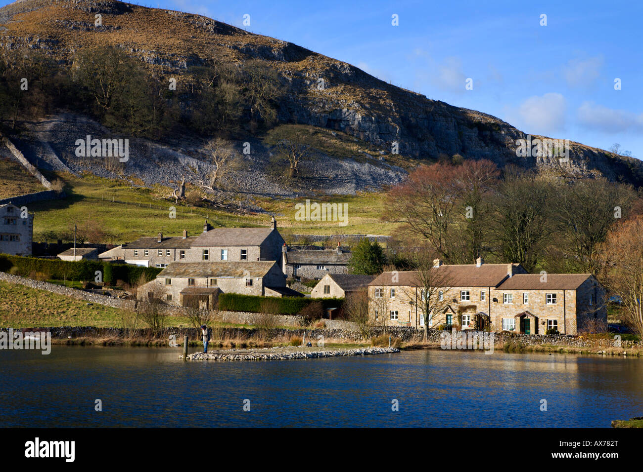 Man Fishing at Kilnsey Crag Wharfedale North Yorkshire England Stock