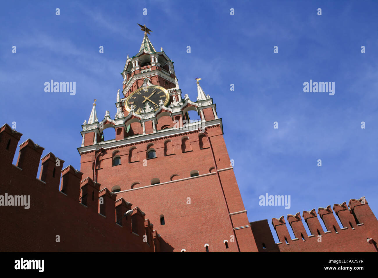 Tower of Kremlin and blue sky as a background. Red Square, Moscow, Russia. Stock Photo
