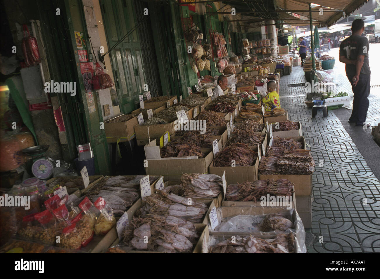 Thai fish market stall Bangkok Thailand. Selling dried fish. Stock Photo