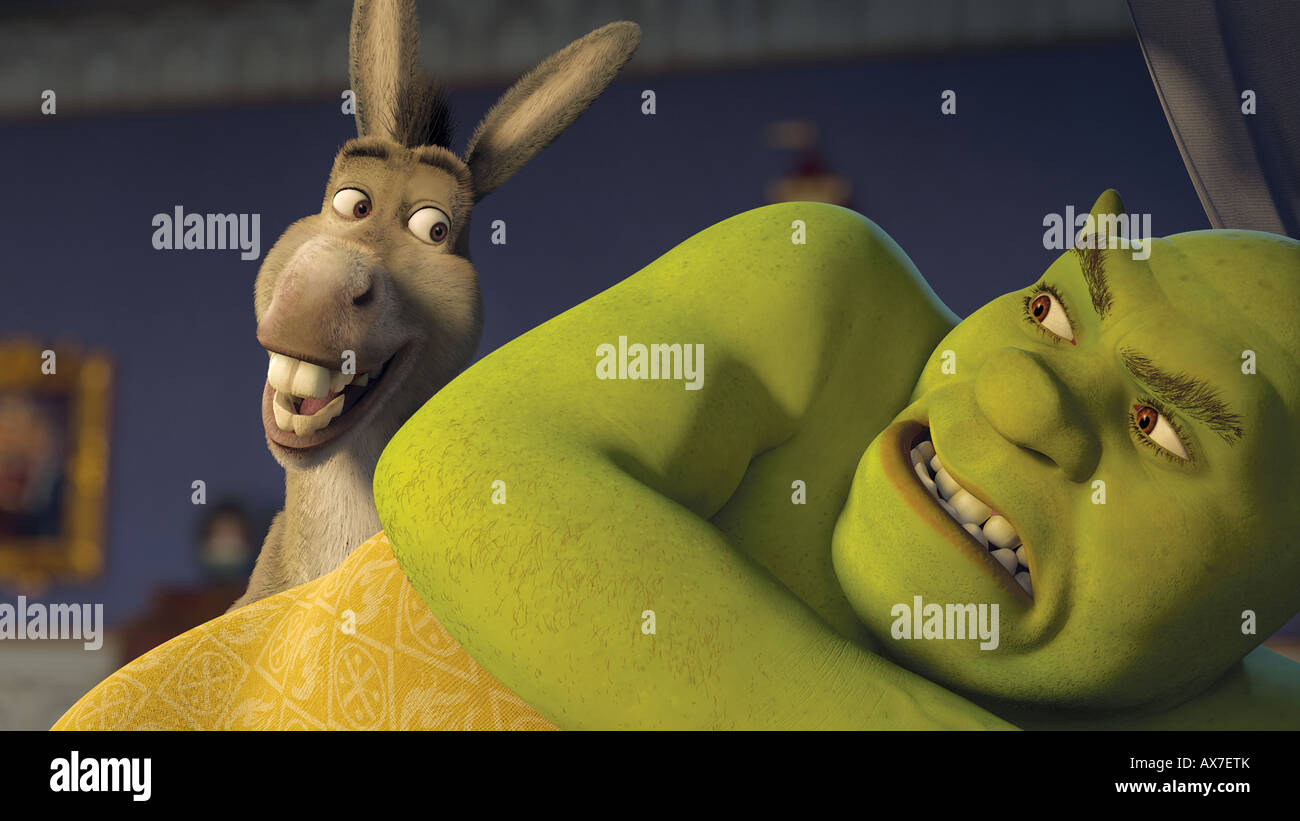SHREK THE THIRD  2007 Dreamworks Animation/Paramount film with Shrek voiced by Mike Myers and Donkey by Eddie Murphy Stock Photo