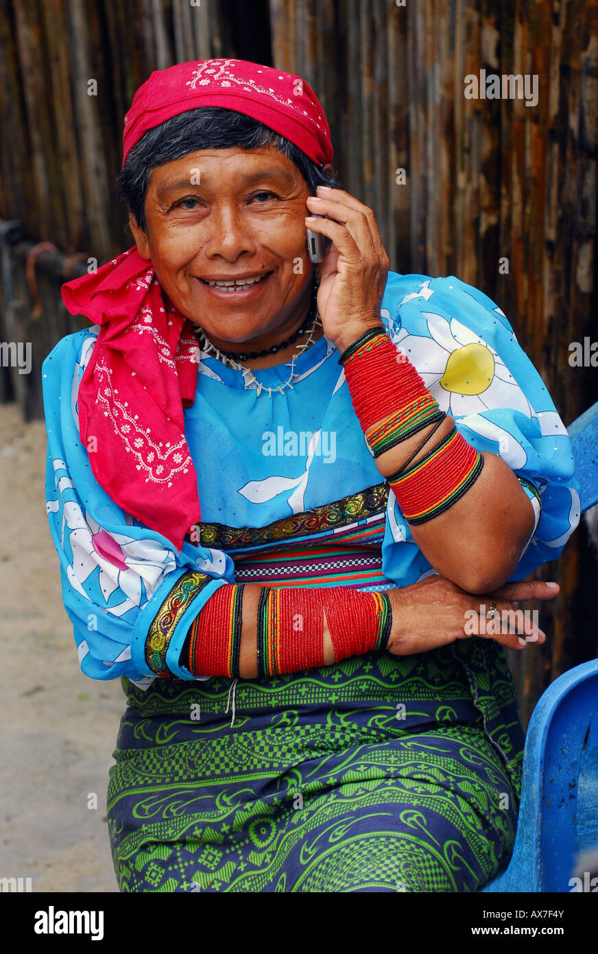 Kuna Indian, woman on cell phone, San Blas Islands, Panama Stock Photo ...