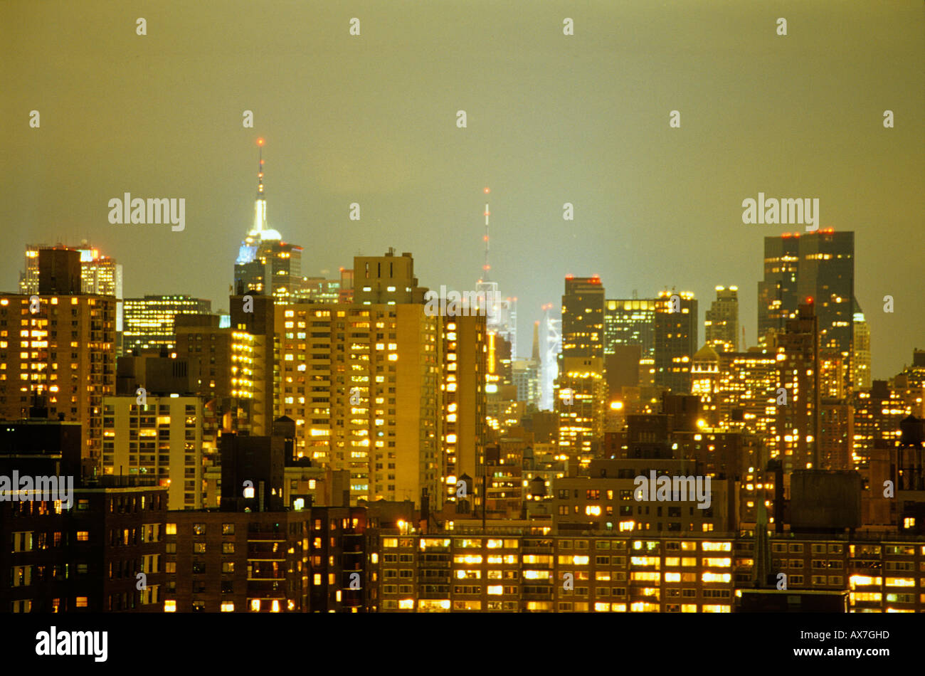 Illuminated high rise buildings at night, Manhattan, New York, USA, America Stock Photo